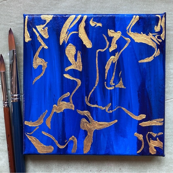 Abstract Acrylic Blue and Gold Scroll Pattern Mini Painting, 6x6" - Picture 10 of 10